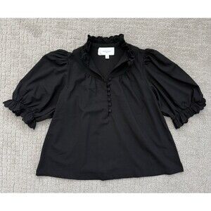 Pomander Place Tuckernuck Selena Blouse M Black Ruffle Puff Sleeve Button Top